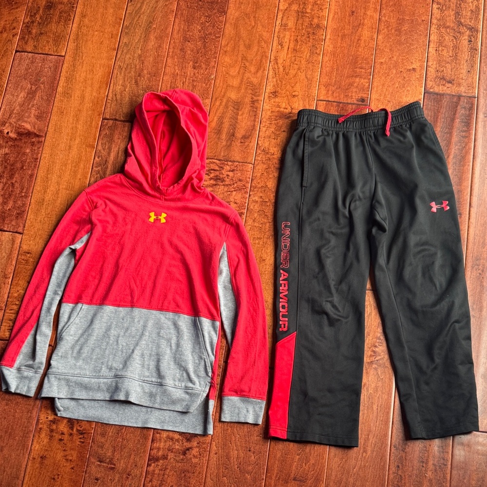Under Armour Red and Gray Hoodie with Black Pants set Size Boys Small